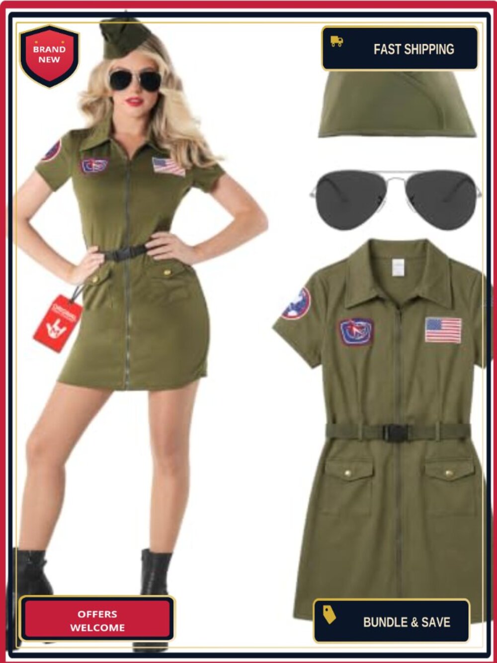 Fighter Pilot Costume Women Dress Hat Belt Sunglasses Halloween Cosplay
